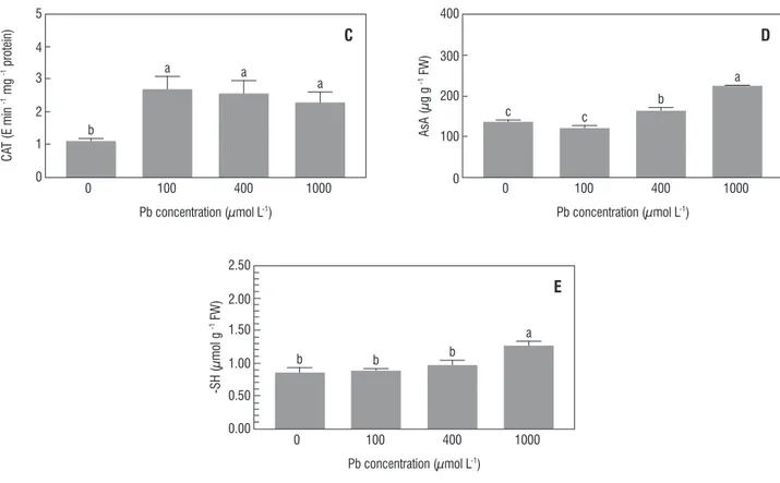 figure 4. Effect of Pb at different concentrations on superoxide dismutase (SOD) (a), catalase (CAT) (b), and ascorbate peroxidases (APX) (c) activities and ascorbic  acid (AsA) (D) and non-protein thiol groups (e) concentrations of 10-d-old cucumber seedl