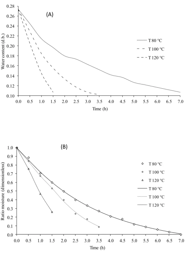 Figure 1 shows the average values of the moisture content of corn kernels submitted to  different drying conditions
