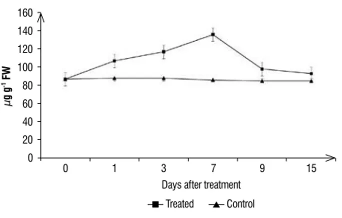 figure 1. Time course increase in phenolic content in chilli leaves in response  to treatment with Burkholderia sp