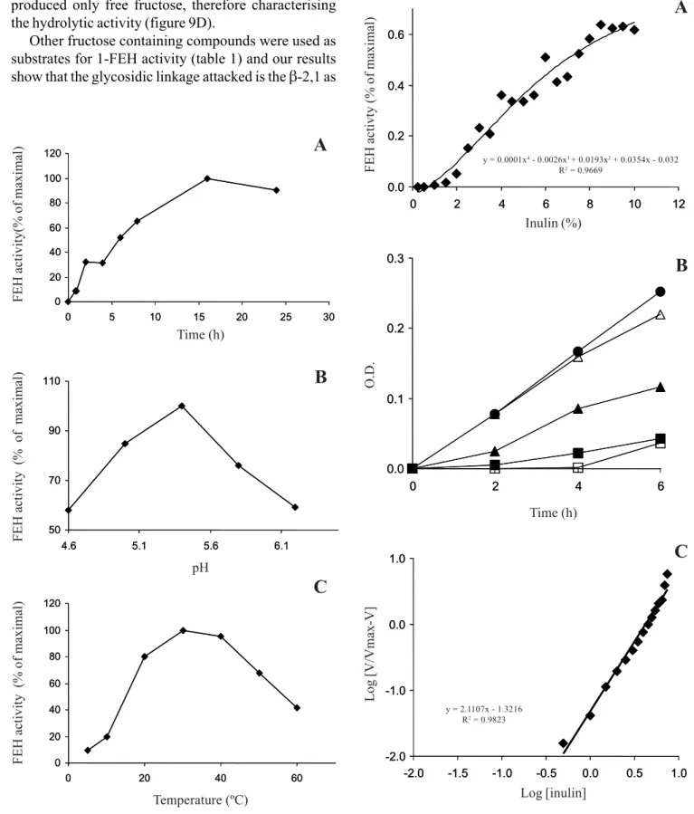 Figure 7. Characterisation of 1-FEH activity from tuberous roots of V. discolor. A = time course of free fructose  produc-tion on 5% (w/v) purified V