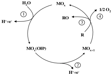 Figura 2.3. Representação esquemática da oxidação eletroquímica de orgânicos sobre ânodos de óxidos 