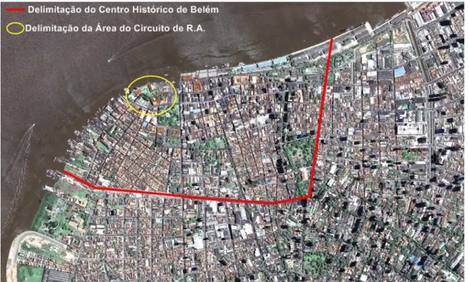 Fig. 1 - Delimitação do Centro Histórico de Belém e delimitação da área do circuito  do projeto RA