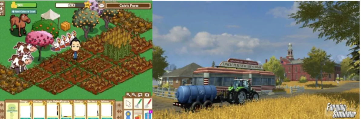 Fig. 11 Farmville (Zynga, 2007) e Farming Simulator (Giants Software, 2013) – O mesmo  tema, mas dois públicos totalmente diferentes – ambos têm reconhecido sucesso comercial 