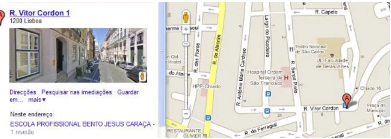 Figura 1. Vista da rua e mapa da localização da Escola Profissional Bento de Jesus  Caraça no Goople Maps 