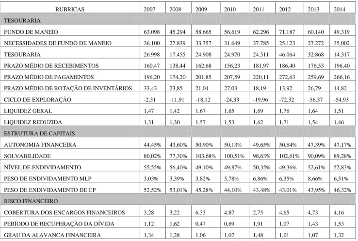 Tabela 5: Indicadores Financeiros 2007 – 2014 