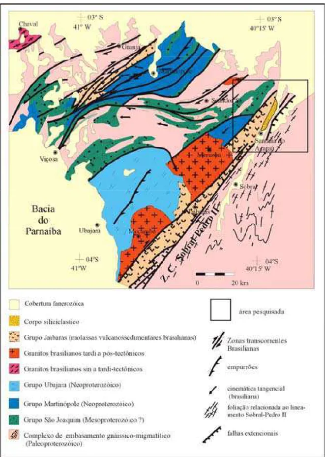 Figura 2.2 -  Principais elementos litológicos e estruturais da Faixa Noroeste do Ceará