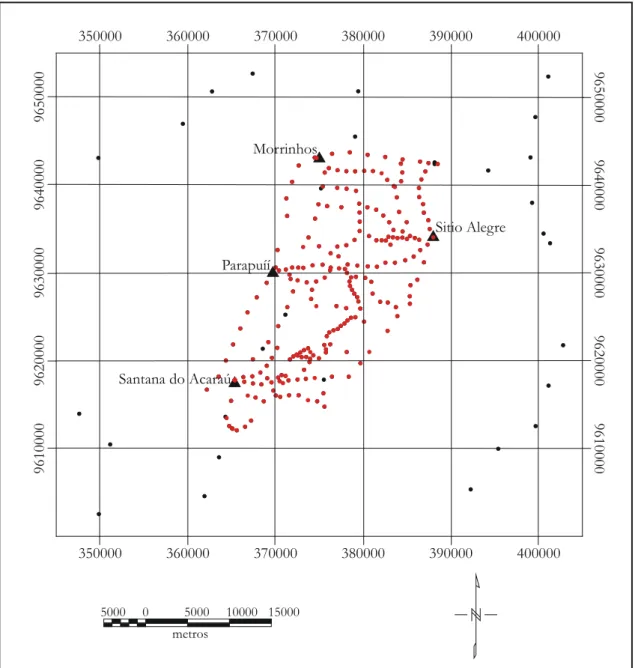 Figura 3.2 –  Mapa de detalhe da localização das estações gravimétricas. Os pontos em vermelho  representam as estações levantadas e em preto as estações pertencentes ao banco de dados do  PPGG.