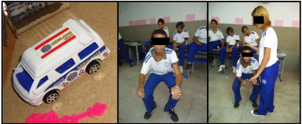 Figura  07:  Miniatura  de  carro;  representação  corporal  do  carro  feita  por  aluno  vidente;  análise tátil e identificação do “objeto” feita por aluna não vidente 