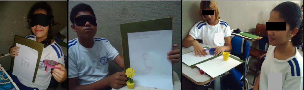 Figura 09: Produção de desenhos de alunos videntes vendados (à esquerda e ao centro da imagem)  e de alunas cegas (à direita) a partir da exploração tátil de miniaturas