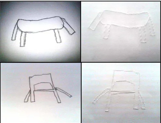 Figura  12:  Desenhos  de  mesa  e  cadeira  realizados  a  partir  da  análise  tátil  (desenhos  de  alunos  videntes)