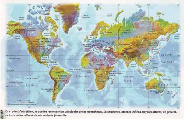 FIGURA 6 – El esquema cartográfico mercatoriano y la representación de las principales zonas montañosas a escala mundial 15