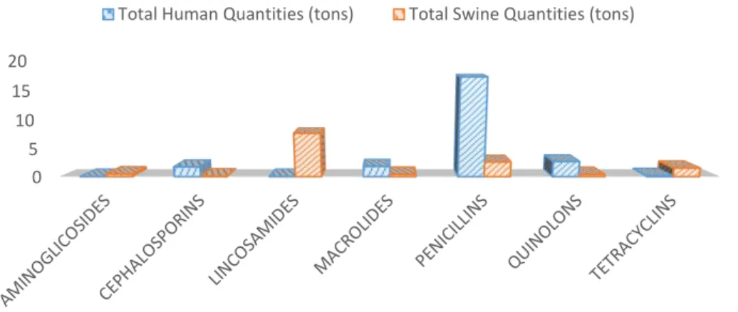 Figure 8 – Amounts (in tons) of antimicrobials consumed by humans and swine, in LVTR (2013) 