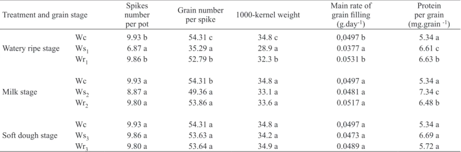 Table 3. Yield components and protein per grain of wheat plants submitted to water stress and rewatering at watery ripe, milk  or soft dough stage