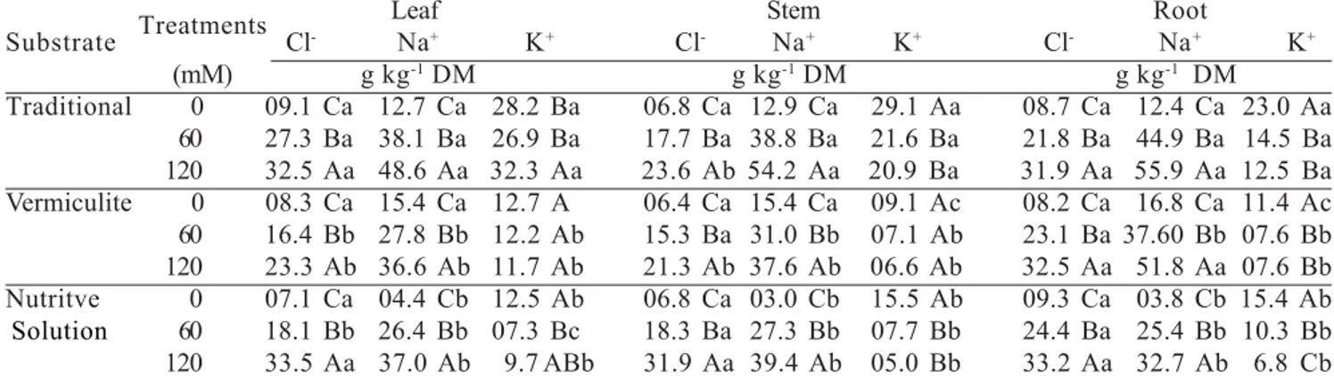 Figure 1. Leaf concentrations of Na +  and Cl –  of dwarf cashew plants irrigated with saline solutions of different concentrations applied into the root environment or on the leaves