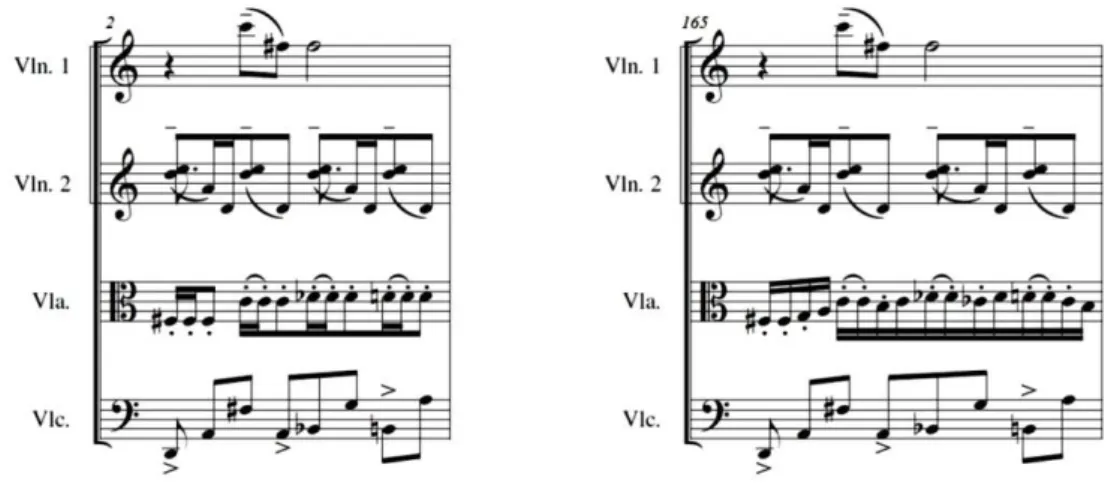 Figura 10: Quarteto Nº 2 de Guerra-Peixe, I Movimento. Compassos 2 e 165. 