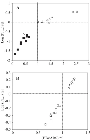 Figure 5. (A) – Relationship between the log function of the relative Performance Index (Log (PI ABS )rel) [=Log (PI ABS(sunlight) / PI ABS(sunlight average)   and the relative yield of electron transport  (ET o /ABS)rel [=(ET o /ABS (sunlight)  / ET o / A