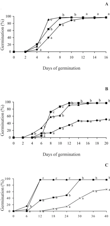 Figure 2. Germination of spores of  Rumohra adiantiformis cultivated in Dyer mediam, under 9%, 17%, 54% and 72 % of total irradiance in field conditions