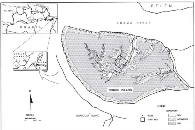 Figure 1. Location of study site in the Amazon estuary and distribution of topographic zones and households on Combu Island, Belém, PA, Brazil.