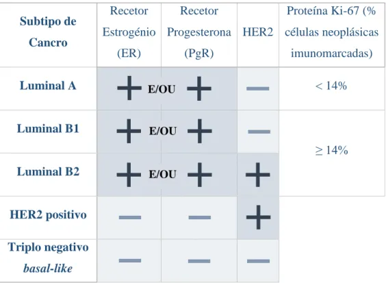 Tabela 1 – Classificação Molecular: Subtipos distintos do cancro da mama, baseados no padrão  de expressão genética (15,17,18) 