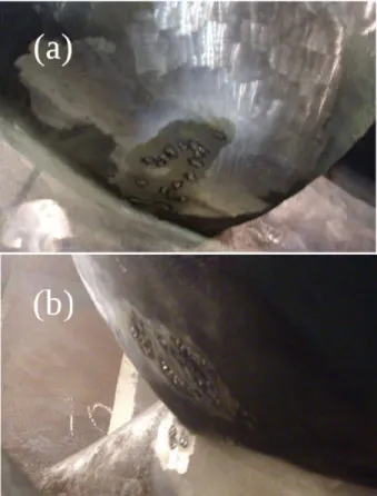 Fig. 1. Typical cavitation damage patterns. (a) Damage due to traveling  bubble cavitation