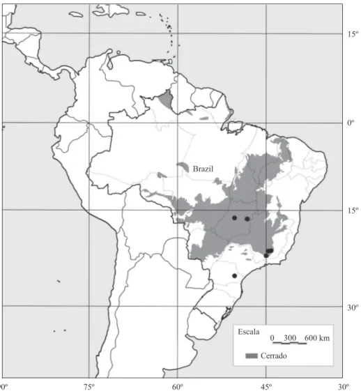Fig 6 Known distribution of Moneuptychia giffordi in Brazil. Grey areas represent the distribution of the Brazilian cerrado  (based on Miranda et al 2000).