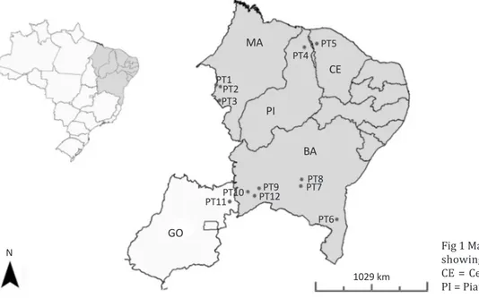 Fig 1 Map of Northeastern states and Goiás  showing  the  sampled  sites.  (BA  =  Bahia,  CE  =  Ceará,  GO  =  Goiás,  MA  =  Maranhão,  PI = Piauí)