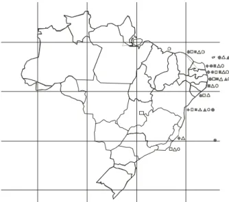 Figure 42. Geographic distribution of Halimeda species on the Brazillian coast:    = Halimeda cuneata,   = H