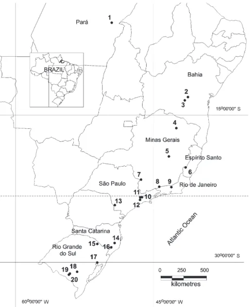 Figure 1. Location of areas compared. 1. Serra de Carajás. 2. Mucugê. 3. Pico das Almas