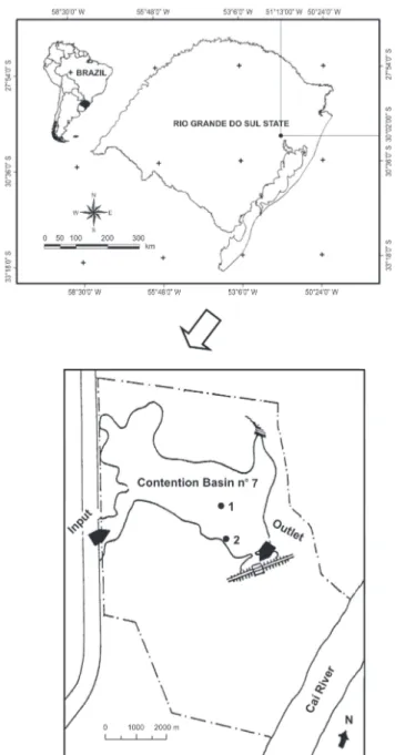 Figure 1. Location of sampling stations in the contention basin n. 7, municipality of Triunfo, state of Rio Grande do Sul, Brazil.