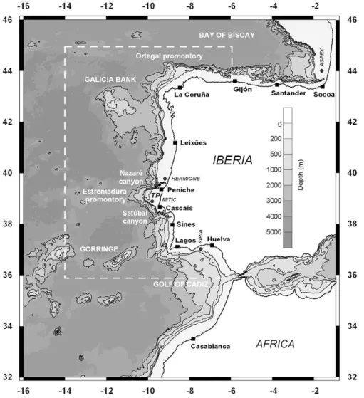 Figure 6 – Previous numerical model domain (the West-Iberian Region). Global tide solutions were  forced at the open boundaries