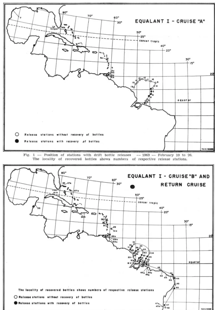 Fig.  2  - Position  or  stations  with  drift  botUe  releases  - 1963  - March  17  to  26  and  March  26  to  April  4