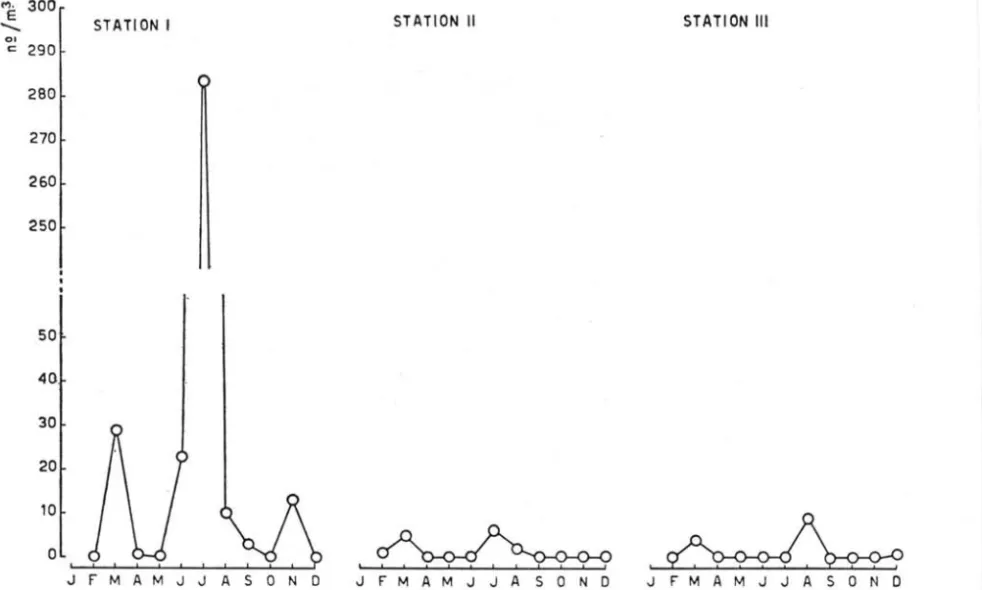 Fig.  6  - Seasonal  variatlon  of  O.  dioica  at  stations  l .  Ir  and  IrI  oH  Sa ntos  during  1960