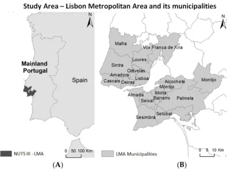Figure 1. (A) Nomenclature of Territorial Units for Statistics (NUTS) III—Lisbon Metropolitan Area  (LMA), Mainland Portugal, (B) LMA municipalities