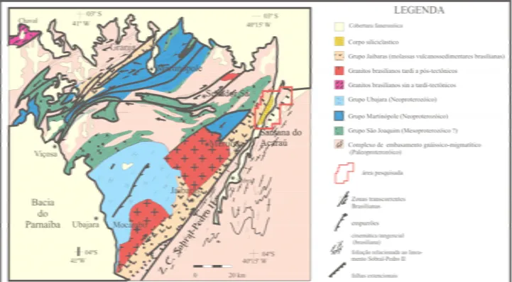 Figura 3.4: Contextualização geológica do Domínio Noroeste do Ceará (Jardim de Sá 1994), com a  localização da área estudada