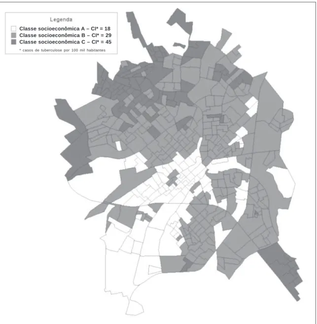 Figura 5.  Mapa de São José do Rio Preto segundo áreas socioeconômicas e coeficientes de incidência de tuberculose, em 2003