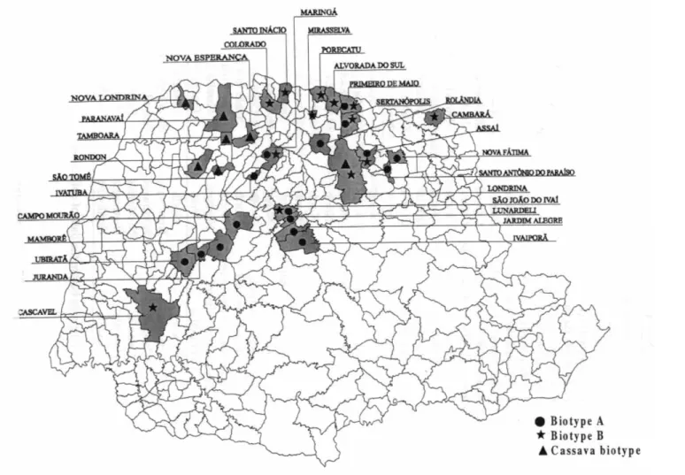 Figure 2. Geographical distribution of B. tabaci biotypes in Paraná State, Brazil. (January to May, 1998, 1999).