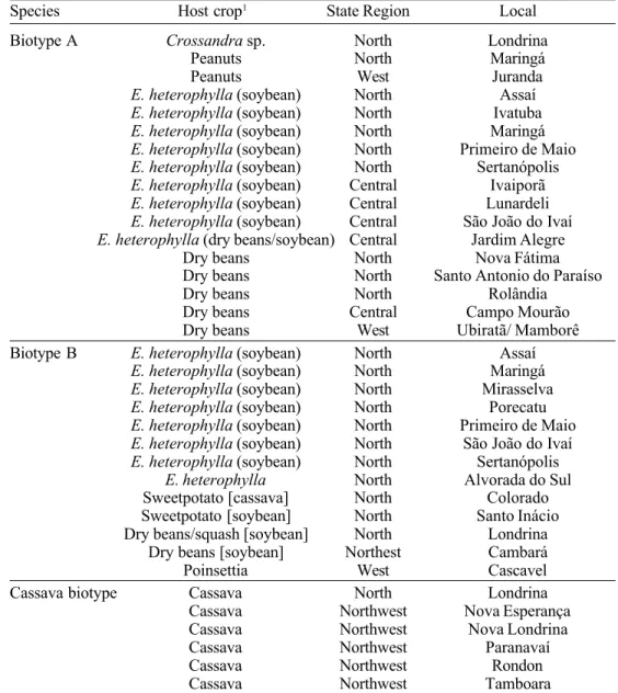 Table 1. B. tabaci biotypes collected in different crops in several regions of the Parana State,   during summer seasons of 1998 and 1999.