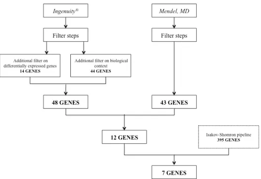 Figure  9.  Flowchart  of  variant  analyses  method. Three methods of whole-exome variant analyses  were gathered together to produce a final list of seven genes selected for subsequent study