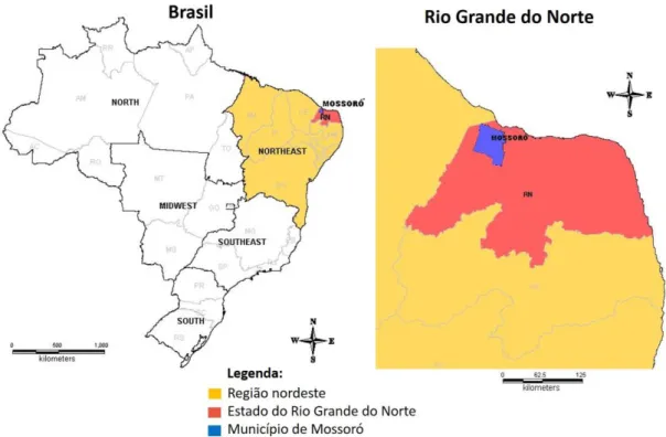 Figura  1:  Localização  do  município  de  Mossoró  nos  mapas  do  Brasil  e  do  estado  do  Rio  Grande  do  Norte (Mapa obtido com o software Map Info Pro)