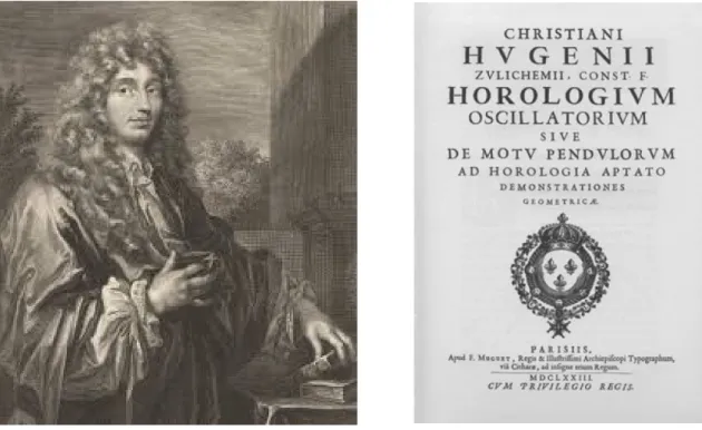 Figure 1.1: Christiaan Huygens on the left and, on the right the title page from a facsimile edition of Horologium Oscillatorium, his major work on horology (1673).