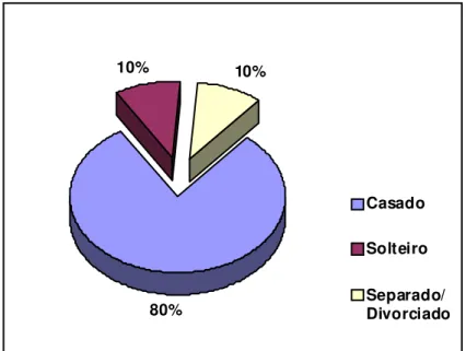 Figura 3 - Distribuição dos sujeitos pesquisados por estado civil 10%90%MasculinoFeminino80%10%10%CasadoSolteiroSeparado/Divorciado