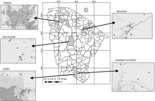 Fig. 1: locations of water sources in the municipalities of Boa Viagem, Crato, Juazeiro do Norte, Mulungu, and Sobral, in the state of Ceará,  Brazil
