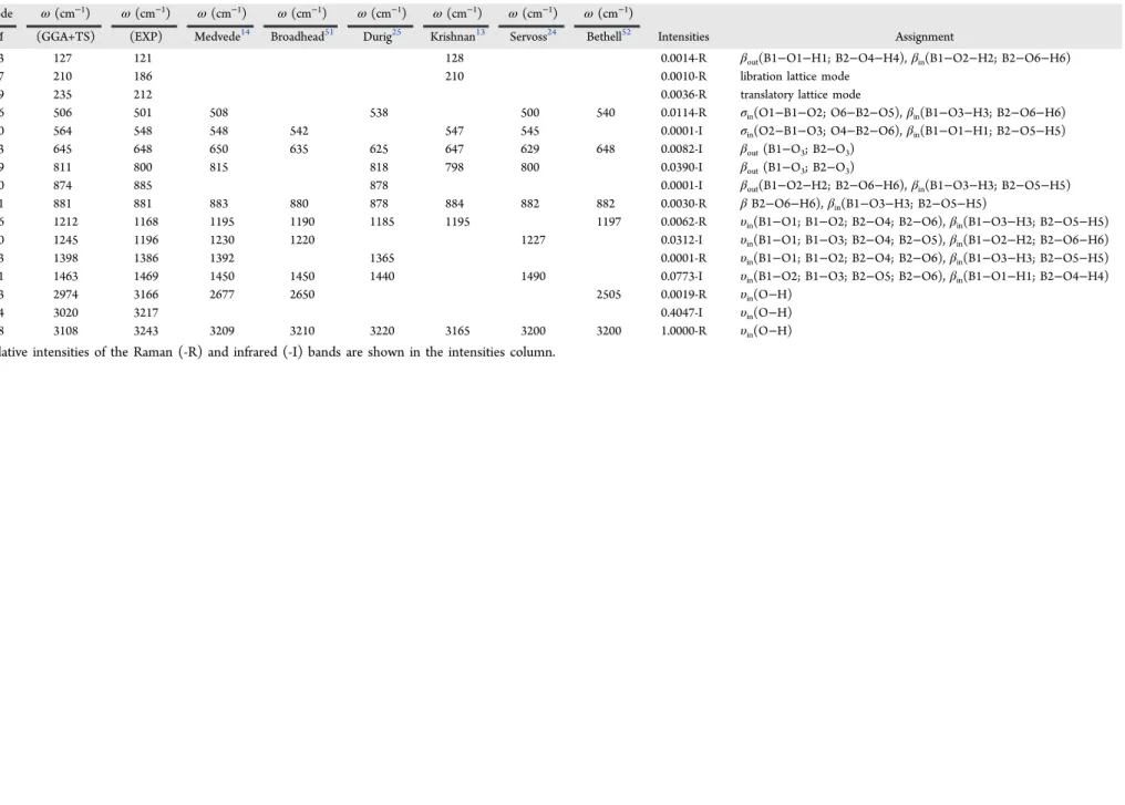 Table 4. Normal Modes Assigned to the Most Intense Infrared and Raman Peaks of the 2A Boric Acid Crystal with Corresponding Assignments Using the DFT GGA+TS Simulations a