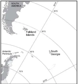 Figure 1. Location of South Georgia within the Southern Ocean and its vicinity to  Antarctic Peninsula, South America and the Falkland Islands