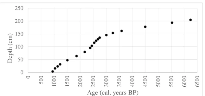 Figure 7. Ages calculated in calibrated years BP measured for the samples of the core  sediment that were also taken for counting pollen fossil assemblages   