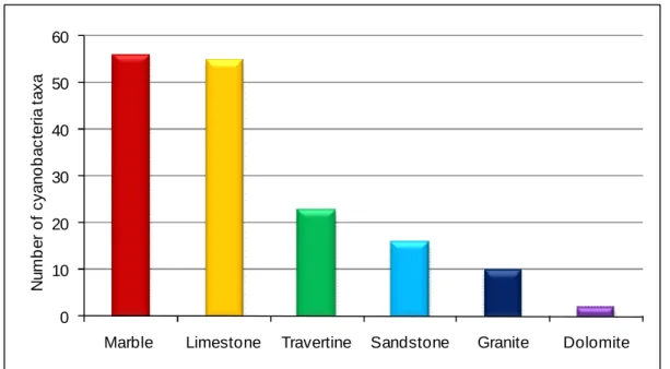 Figure 2.3 shows the number of cyanobacterial taxa present on each litothype. 