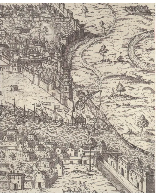 Fig. 3.2. 17 th  century engraving depicting the landing in Seville of San Cristobal stone from El Puerto  de Santa María (Cadiz) with the help of a crane (http://es.wikibooks.org/w/index.php?oldid=80480)