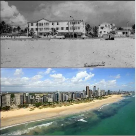 Figura 5: Casa de Veraneio na Praia do Pina, em 1930 e processo de verticalização da  Praia do Pina, em 2016