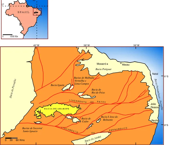 Figura 2.2 - Localização da área de estudo com as principais feições estruturais no Nordeste do  Brasil