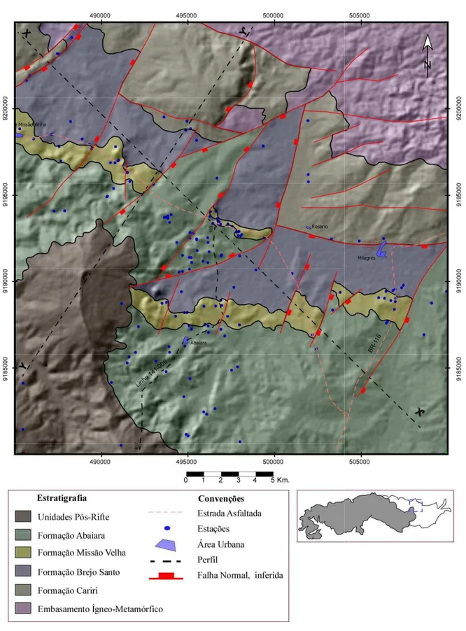 Figura 3.1 - Mapa geológico da área de estudo. Porção central do Vale de Cariri, leste da Bacia do  Araripe 